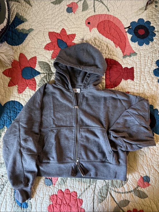 American Eagle Outfitters Tops - Boxy oversized cropped AE American Eagle double zip hoodie gray grey Small S